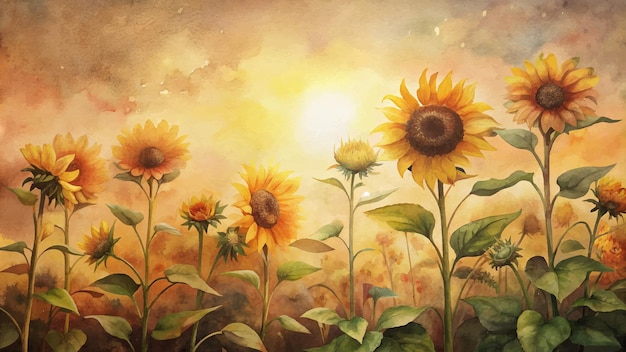 Watercolor background of blooming sunflowers