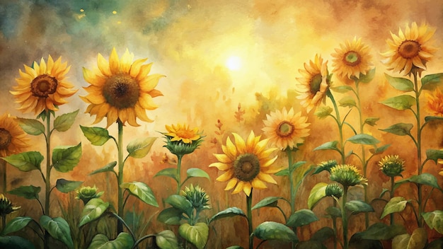 Watercolor background of blooming sunflowers