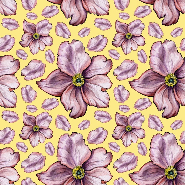 Vector watercolor background seamless pattern wild garden rose on yellow background