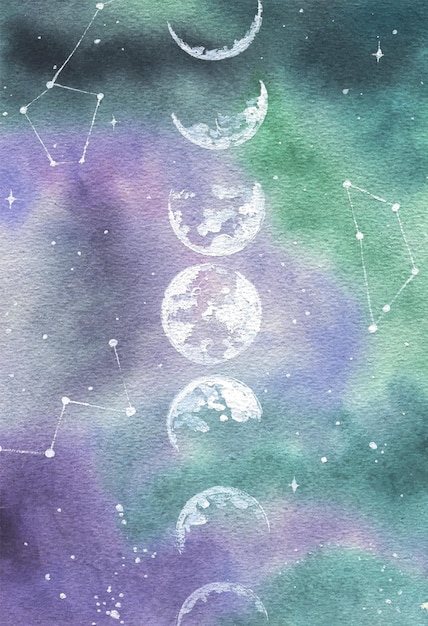 Watercolor background turquoise-violet with the image of the phases of the moon