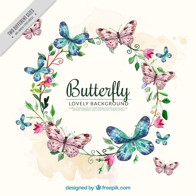 Watercolor background with floral wreath and butterflies