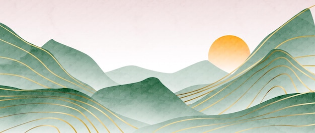 Watercolor background with mountains hills and the sun in green tones in an oriental style Landscape art banner with gold lines decoration for interior design wallpaper print