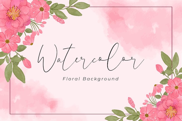 Watercolor background with pink flower color and green leaf