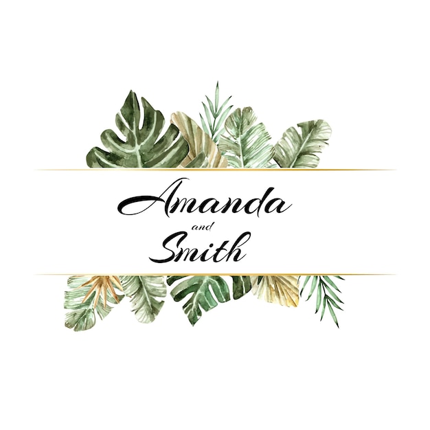 watercolor badge tropical leafs for wedding invitation