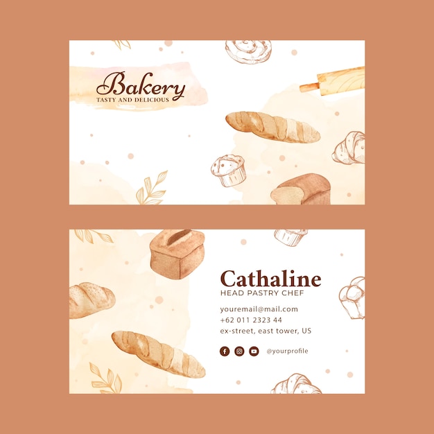 Watercolor bakery shop horizontal business card