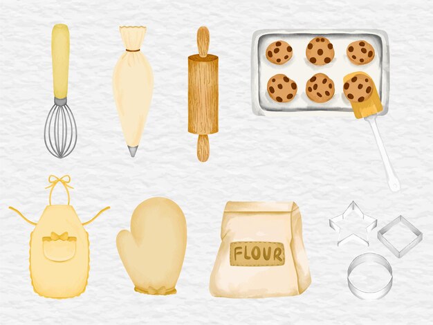 Vector watercolor bakery tool cooking clip art set