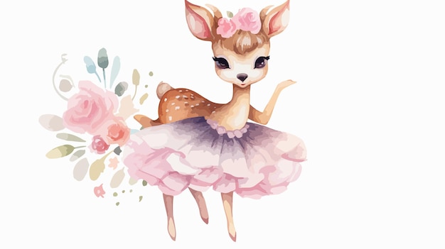 Vector watercolor ballerina fawn floral deer flat vector isolated illustration