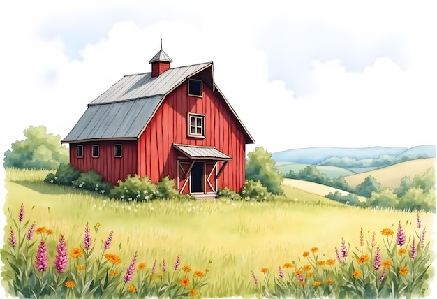 Vector watercolor barns clipart farm style red barn house horse wood gate illustrations