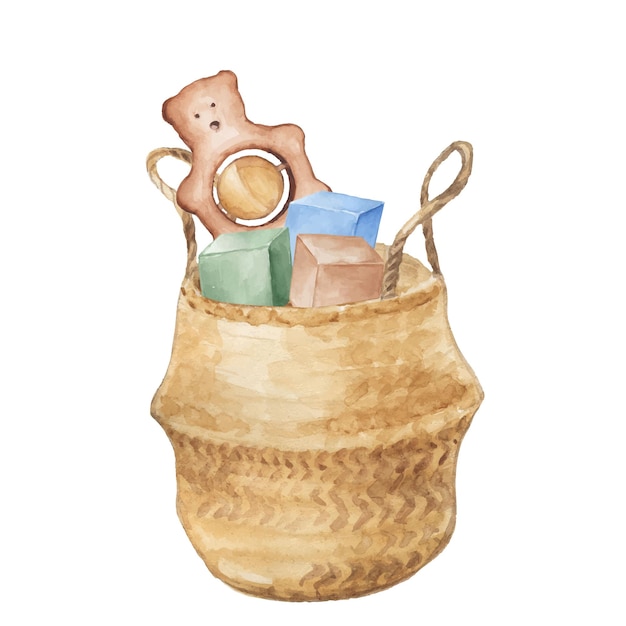 Watercolor basket with toys for newborns