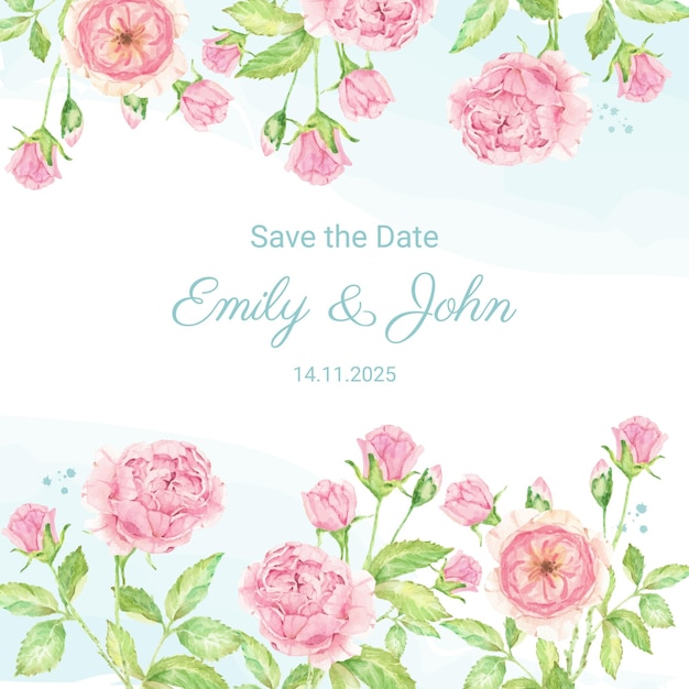 Watercolor beautiful English rose flower bouquet garden square wedding invitation template