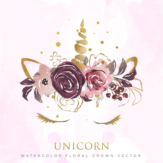 Watercolor Beautiful Unicorn with Floral Crown on head