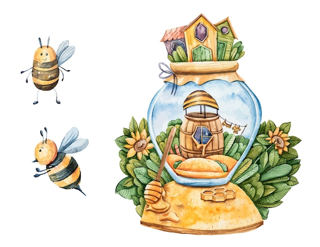 Watercolor bee house cute kids illustration Fantasy house clipart for print World bee day concept