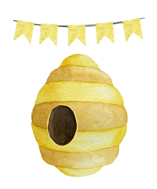 Watercolor beehive with round shaped entrance Watercolor illustrations in the theme of beekeeping