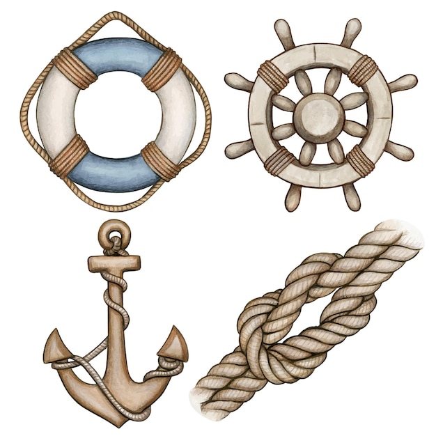 Watercolor beige nautical icons buoy anchor helml and knot