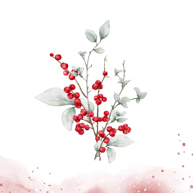 Vector watercolor berries branches on stain background