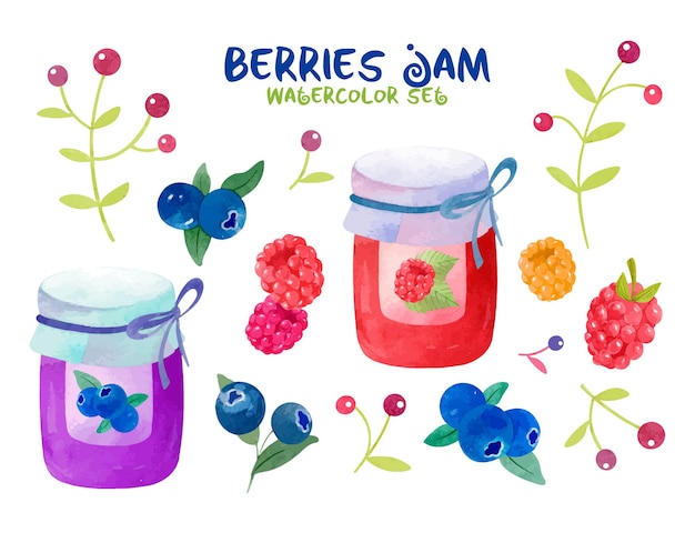 Vector watercolor berry set with blueberries raspberries lingonberries and delicious jam