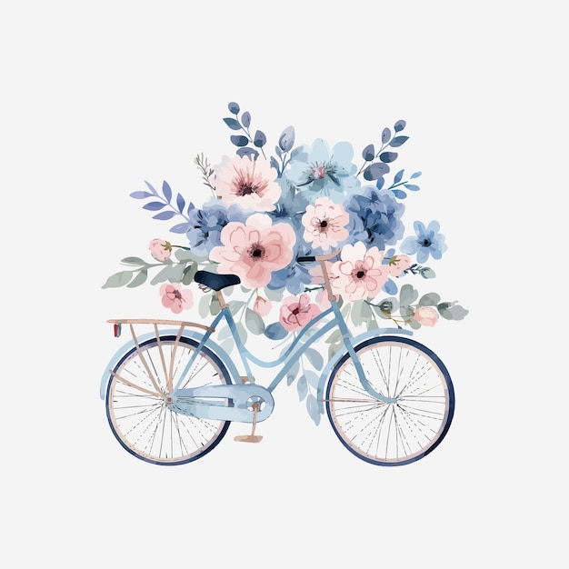 watercolor bicycle with floral bouquet background