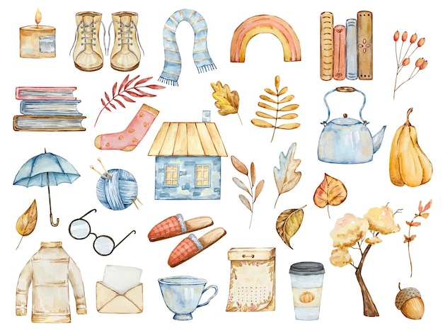 Watercolor big set of cozy autumn cute elements