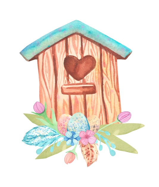 Vector watercolor birdhouse and easter eggs collection.