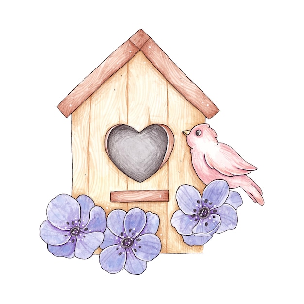 Watercolor birdhouse with purple flowers and a bird