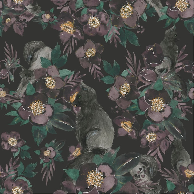 Watercolor black cats with dark flowers seamless pattern Hand painted watercolor print