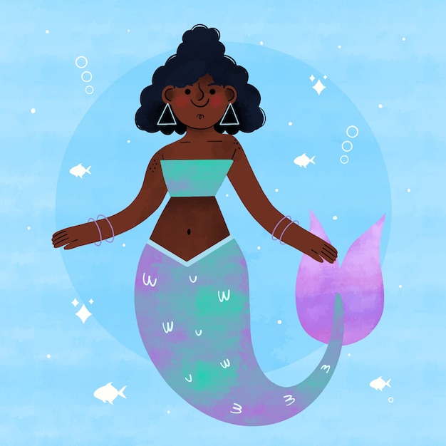 Watercolor black mermaid illustration