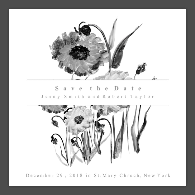 Watercolor Black and White Floral Wedding Invitation Card