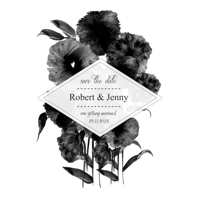 Watercolor Black and White Floral Wedding Invitation Card