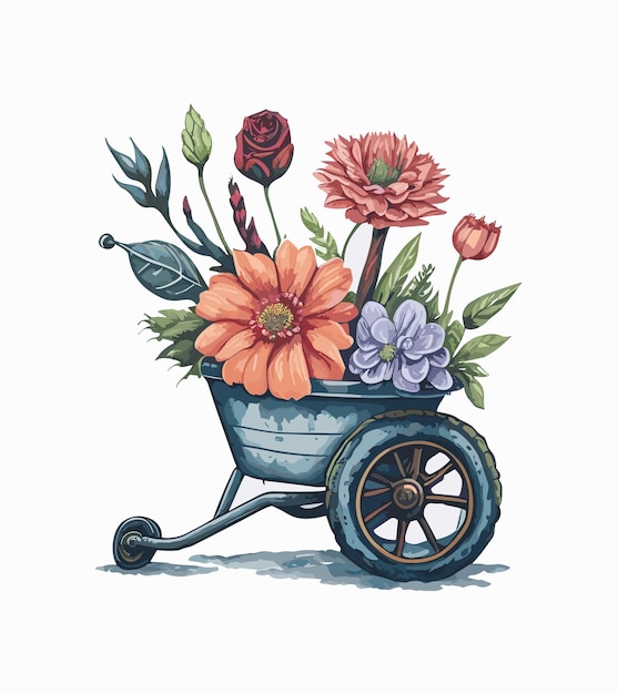 Watercolor blooming metal rustic wheelbarrow with peony flowers and bud eucalyptus leaves Spring d