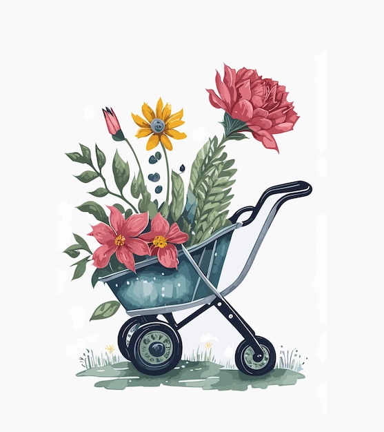 Watercolor blooming metal rustic wheelbarrow with peony flowers and bud eucalyptus leaves Spring d