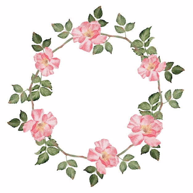 Watercolor blooming pink rose branch flower bouquet wreath frame clipart digital painting