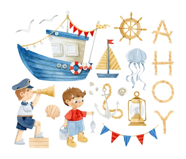 Watercolor blue boat with garlands sailor boys ahoy lettering and nautical elements