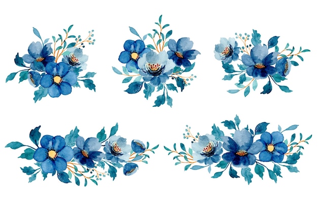 Watercolor blue floral bouquet collection