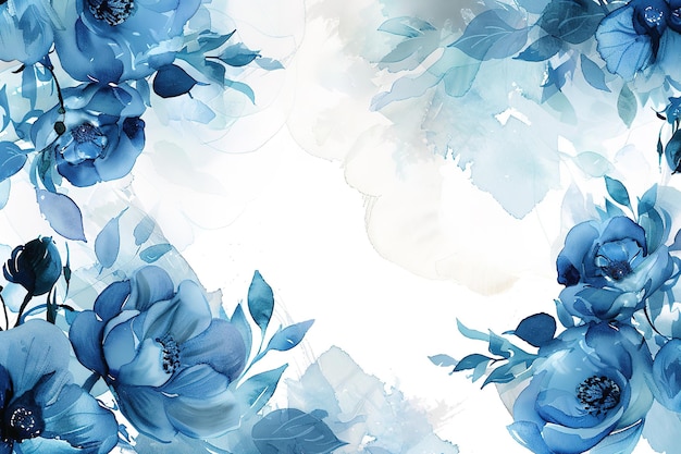 Watercolor blue floral frame border on the left and right side pale background in the style of an unknown artist white background ar 32 Job ID 3b73a388823845bfb9afa69d785227dd