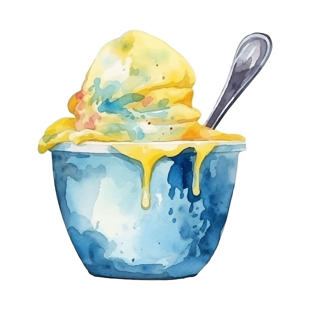 Watercolor blue ice cream in a yellow cup with spoon