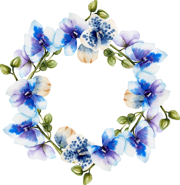 Watercolor blue orchids wreath