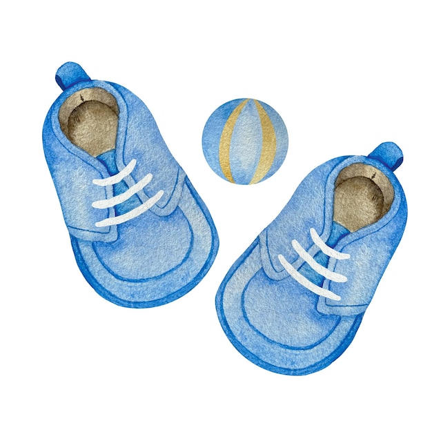 Vector watercolor blue shoes for baby boy with white laces top view isolated on white. boy bootee with ball