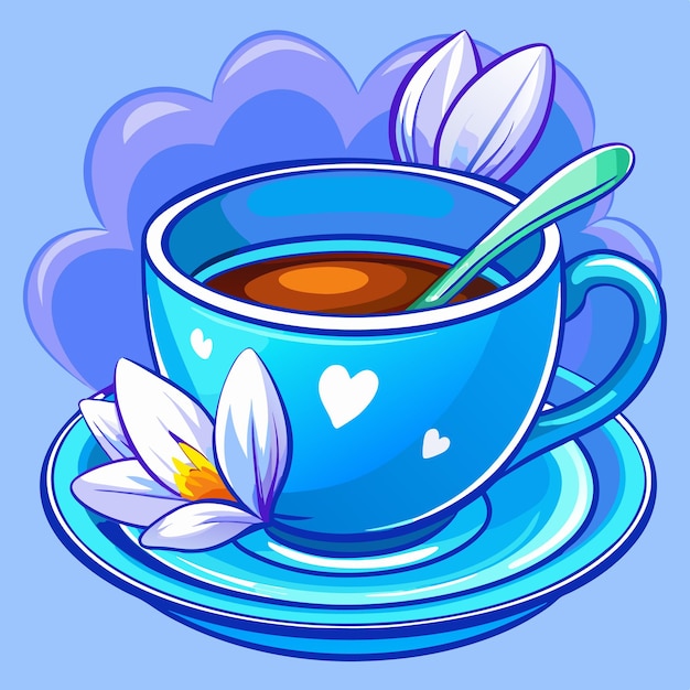 Vector a watercolor blue tea cup on a saucer with white crocuses illustration