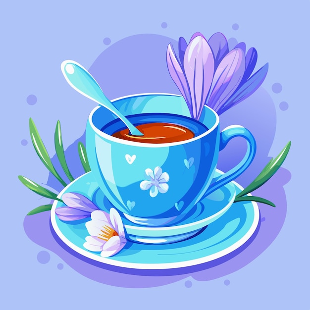 Vector a watercolor blue tea cup on a saucer with white crocuses illustration