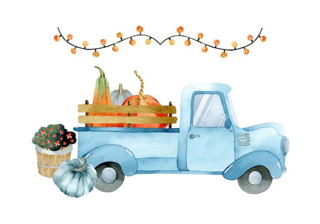 Watercolor blue truck with pumpkins basket with flowers and garland elements set