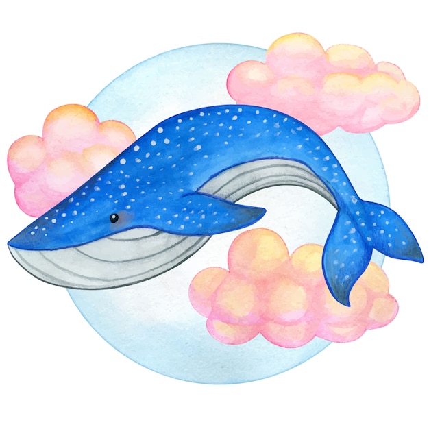 Watercolor blue whale swimming on pink clouds