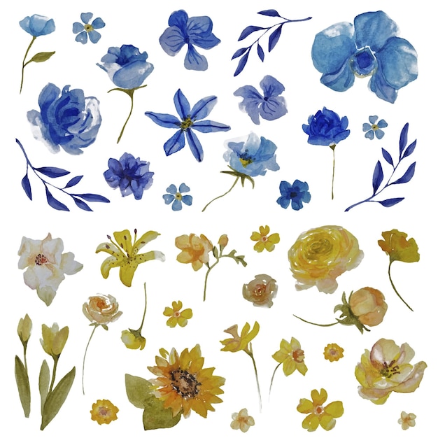 Watercolor blue and yellow flowers pattern