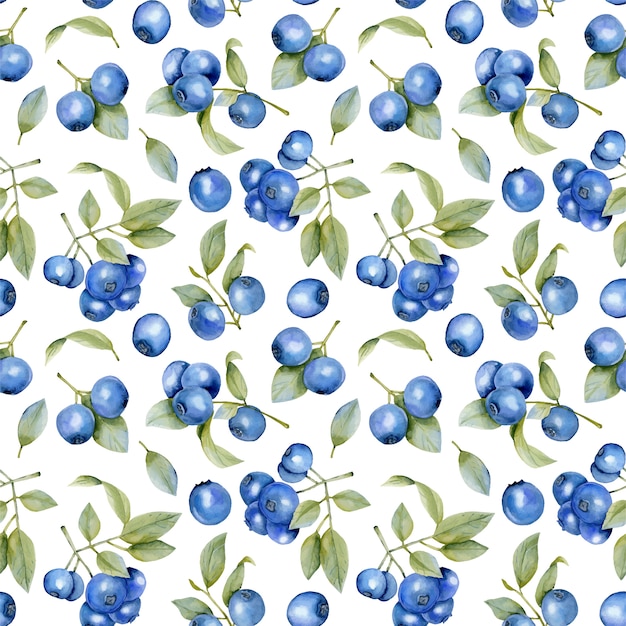 Watercolor blueberries branches seamless pattern