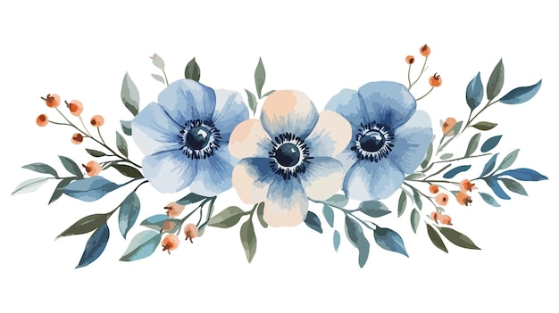 Vector watercolor blush blue flowers with green leaves and small red berries