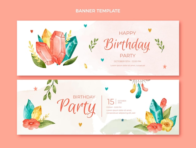 Watercolor boho birthday horizontal banners