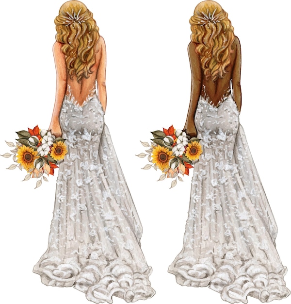 Watercolor boho bride back view