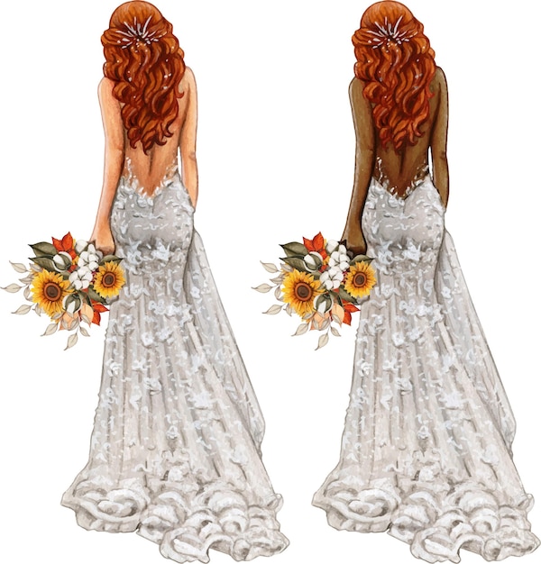 Watercolor boho bride back view