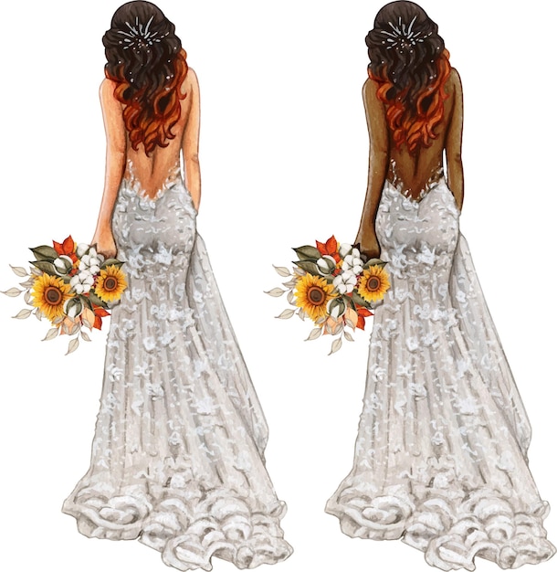 Watercolor boho bride back view