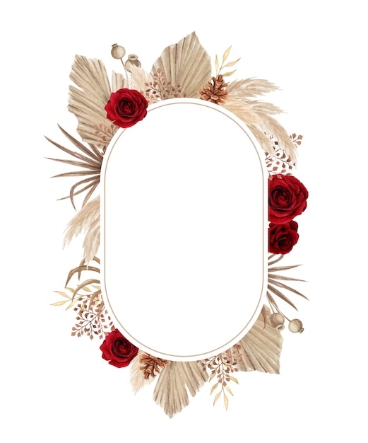 Watercolor boho frame with beautiful red rose and pampas grass