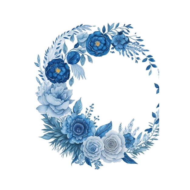 Watercolor Boho Round Floral Frame with Blue Mo